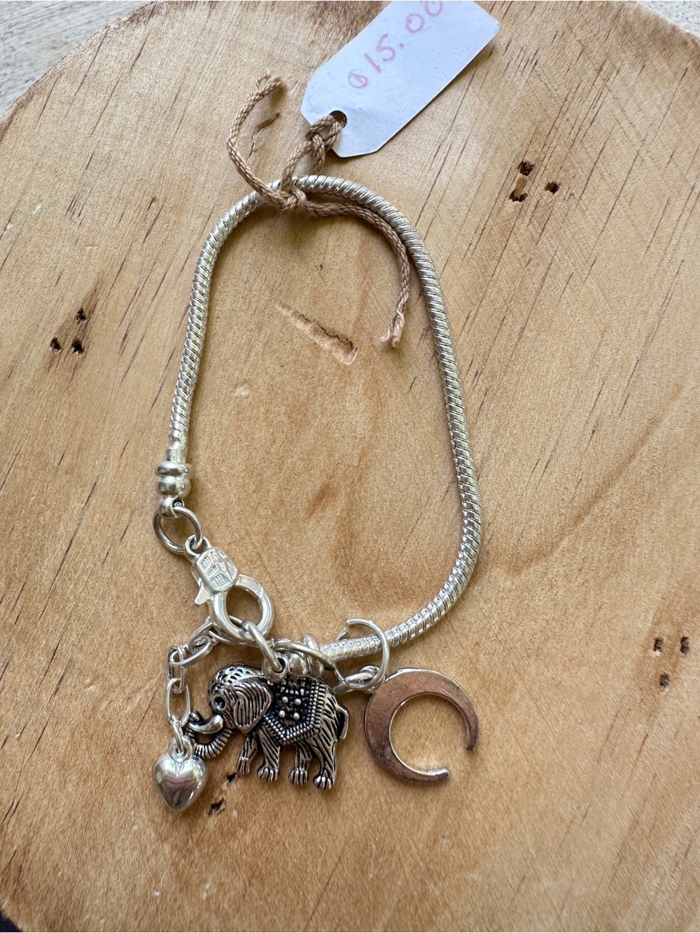 Silver Charm Bracelet with Elephant, Heart & Crescent Moon
